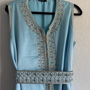 Embellished Blue Sleeveless Caftan